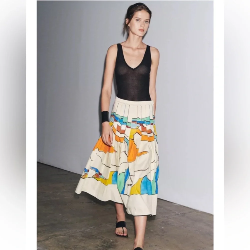 ZARA Printed Pleated Midi Skirt Colorful Abstract Painting Medium, NWOT - Picture 4 of 12